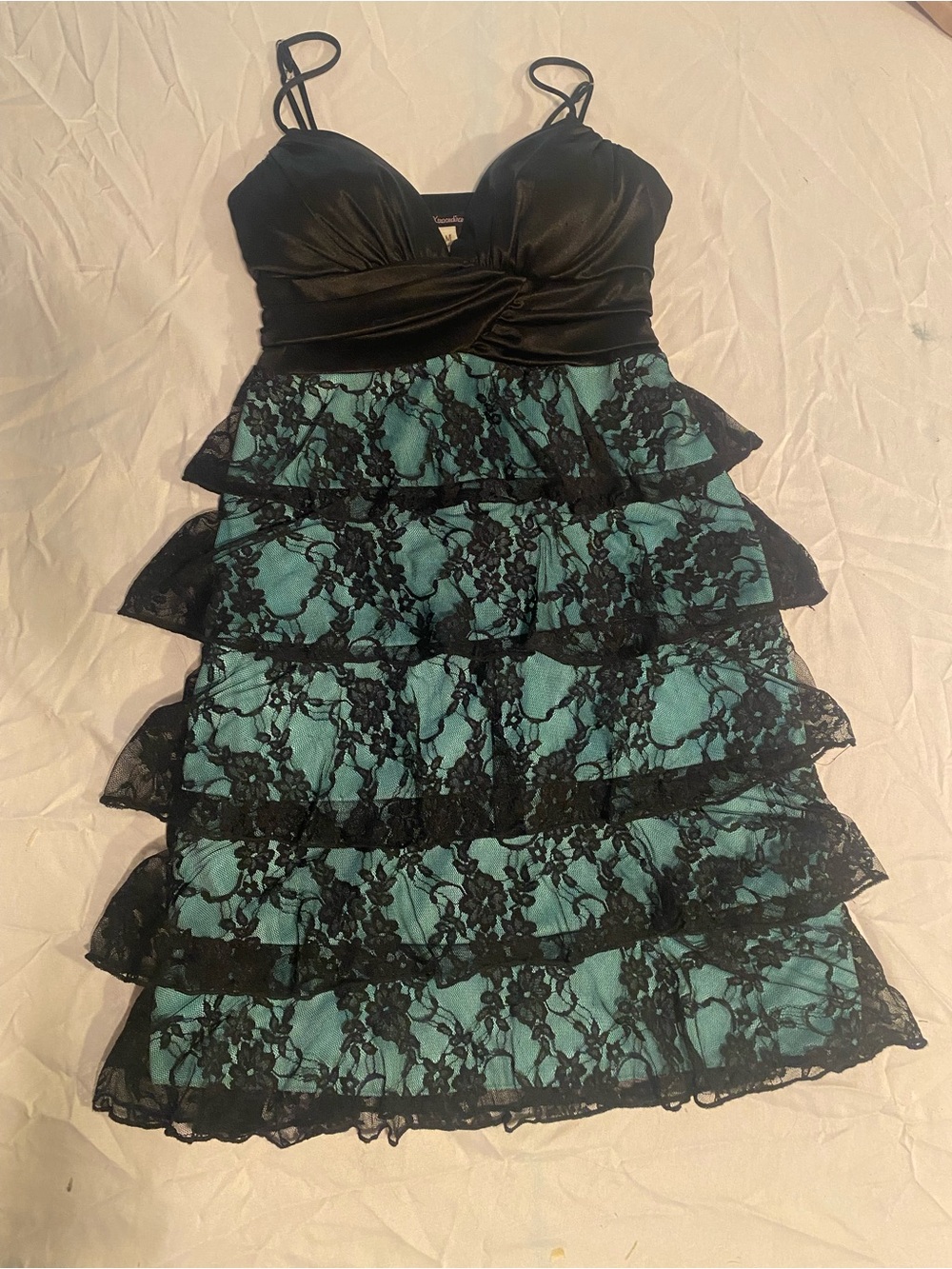 Vintage Y2K Xtraordinary Tiered Black Lace Teal Whimsigoth Party Mini Dress M - Picture 11 of 16